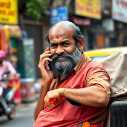 A Tamil uncle with a beard, featuring a bald head on the top, is engaged in a phone call while leaning against an auto rickshaw for support