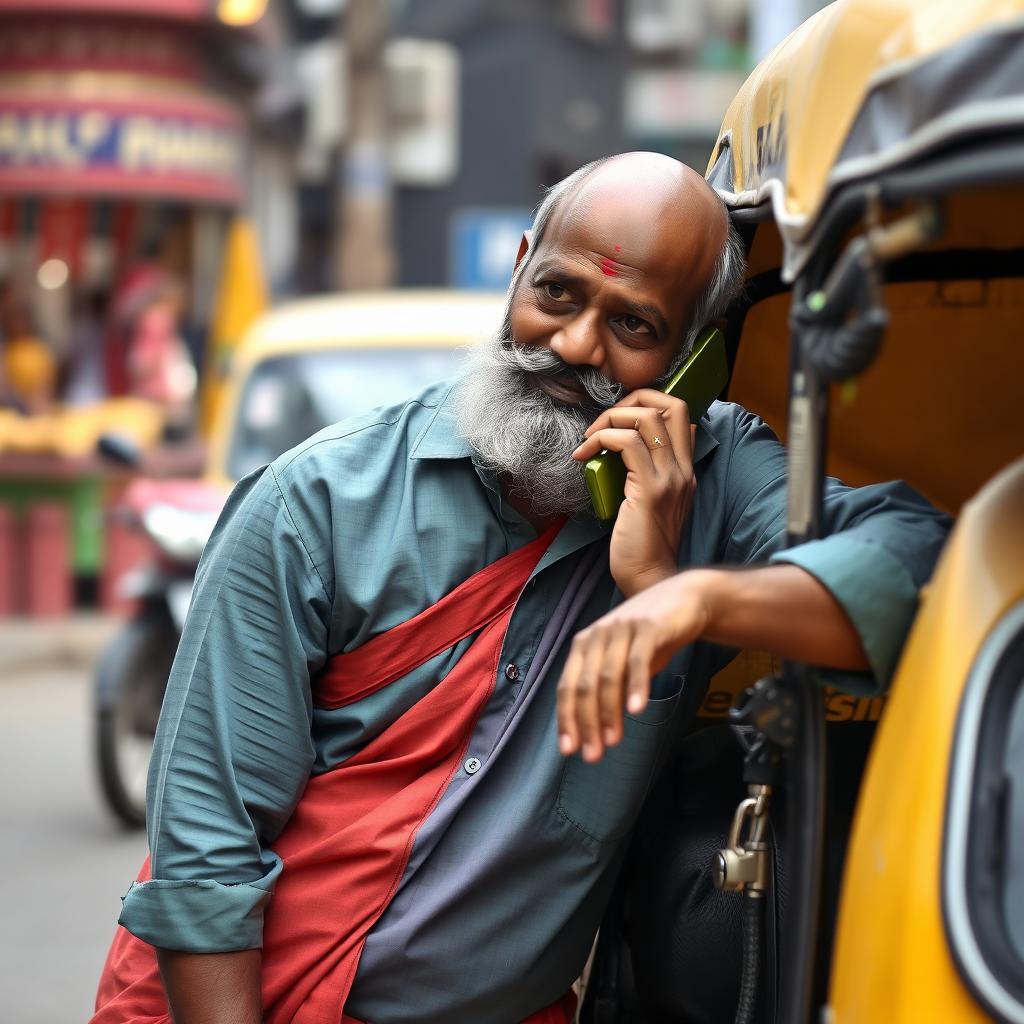 A Tamil uncle with a beard, featuring a bald head on the top, is engaged in a phone call while leaning against an auto rickshaw for support