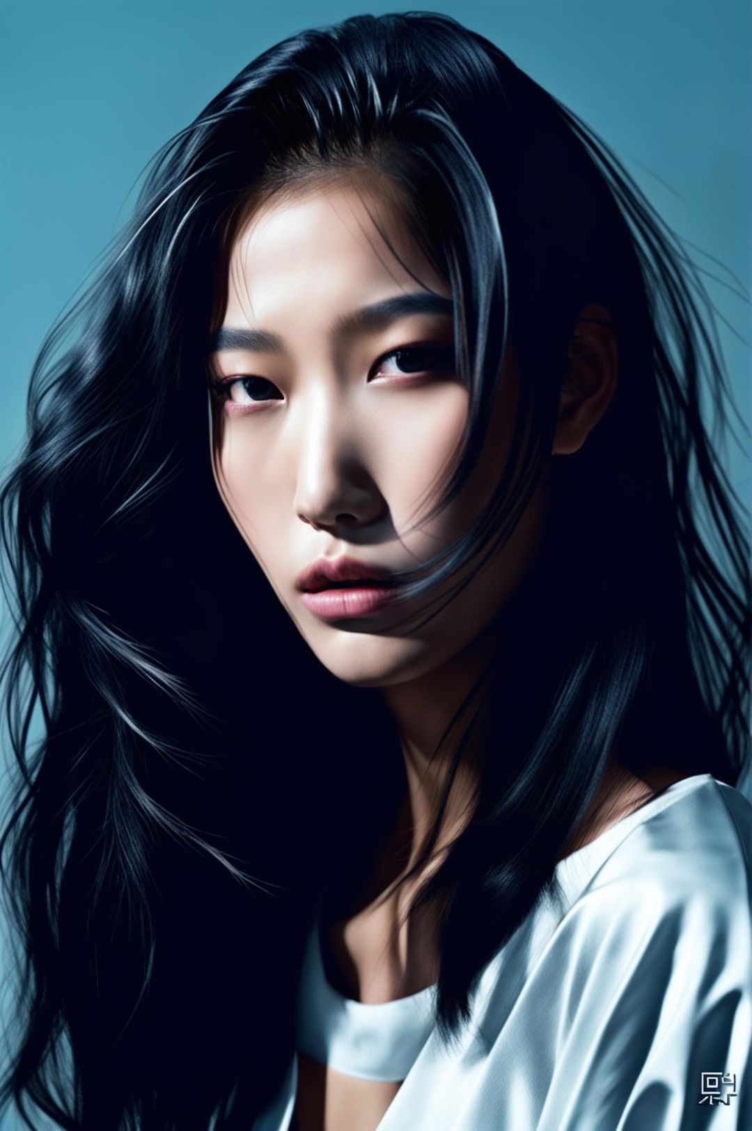 A 32k HD portrait of an exceptionally beautiful Asian supermodel with a K-pop hairstyle, shot with a 200mm lens, reminiscent of a Vogue editorial