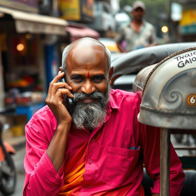 A Tamil uncle with a beard, featuring a bald head on the top, is engaged in a phone call while leaning against an auto rickshaw for support