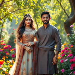 A stunning depiction of a beautiful Shahzadi (princess) in a luxurious traditional outfit adorned with intricate embroidery and jewelry, standing gracefully beside an ordinary man in simple yet elegant clothing