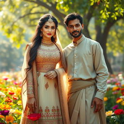 A stunning depiction of a beautiful Shahzadi (princess) in a luxurious traditional outfit adorned with intricate embroidery and jewelry, standing gracefully beside an ordinary man in simple yet elegant clothing