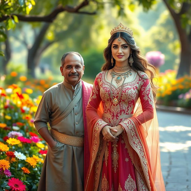 A stunning depiction of a beautiful Shahzadi (princess) in a luxurious traditional outfit adorned with intricate embroidery and jewelry, standing gracefully beside an ordinary man in simple yet elegant clothing