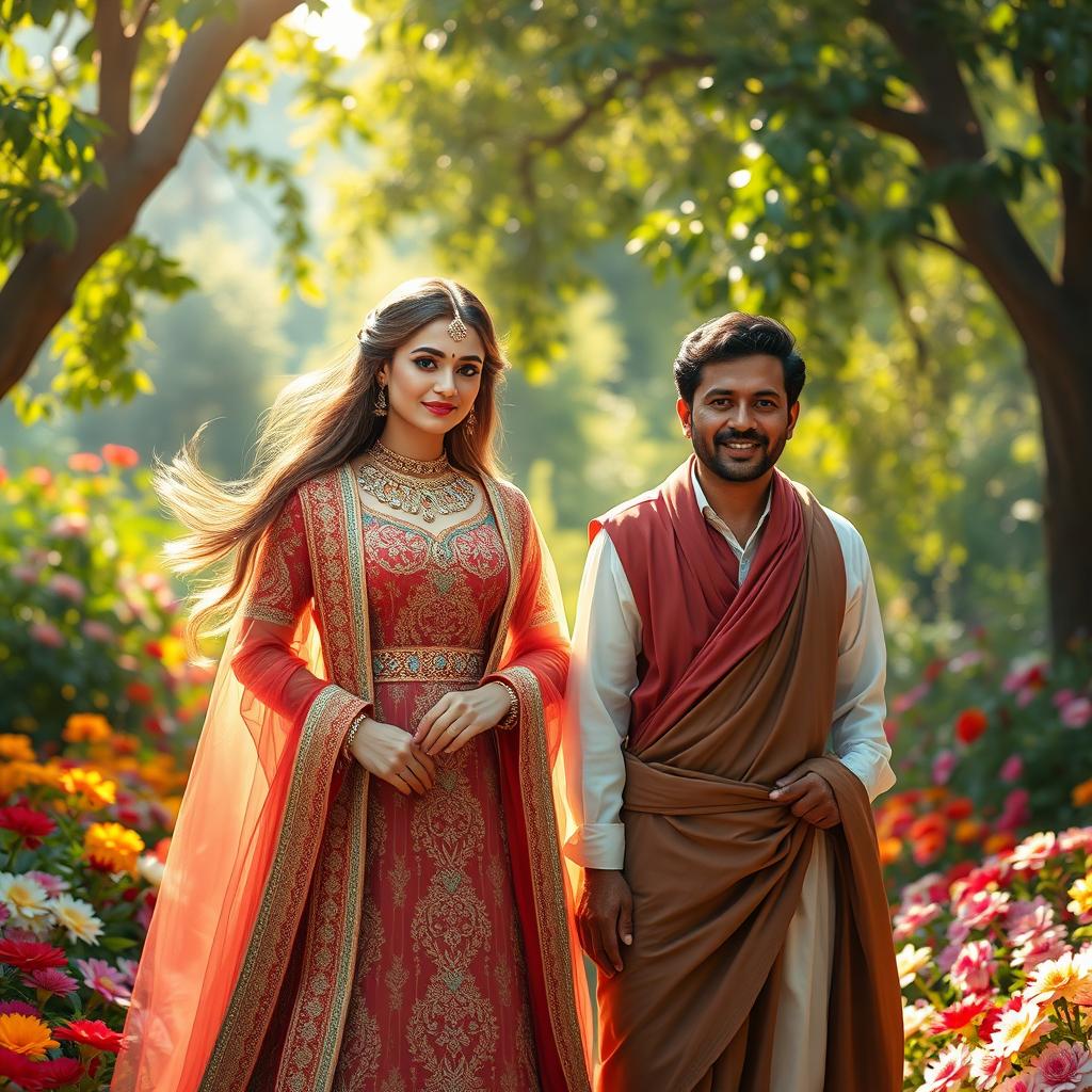 A stunning depiction of a beautiful Shahzadi (princess) in a luxurious traditional outfit adorned with intricate embroidery and jewelry, standing gracefully beside an ordinary man in simple yet elegant clothing