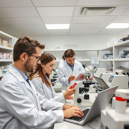 A busy laboratory scene where doctors in white coats are analyzing blood samples