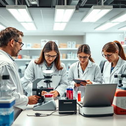 A busy laboratory scene where doctors in white coats are analyzing blood samples
