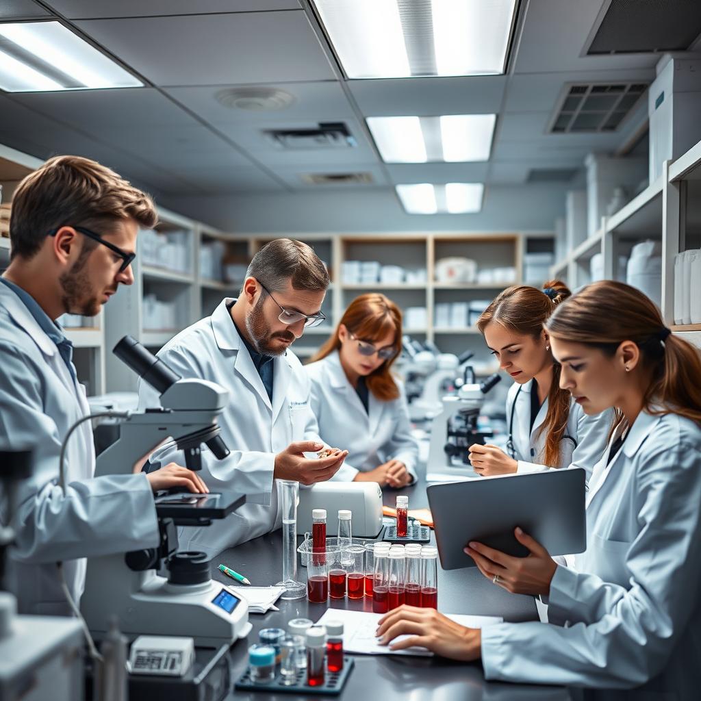 A busy laboratory scene where doctors in white coats are analyzing blood samples