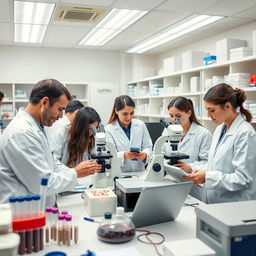 A busy laboratory scene where doctors in white coats are analyzing blood samples