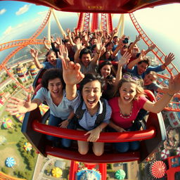 A dynamic scene featuring a rollercoaster packed with enthusiastic people