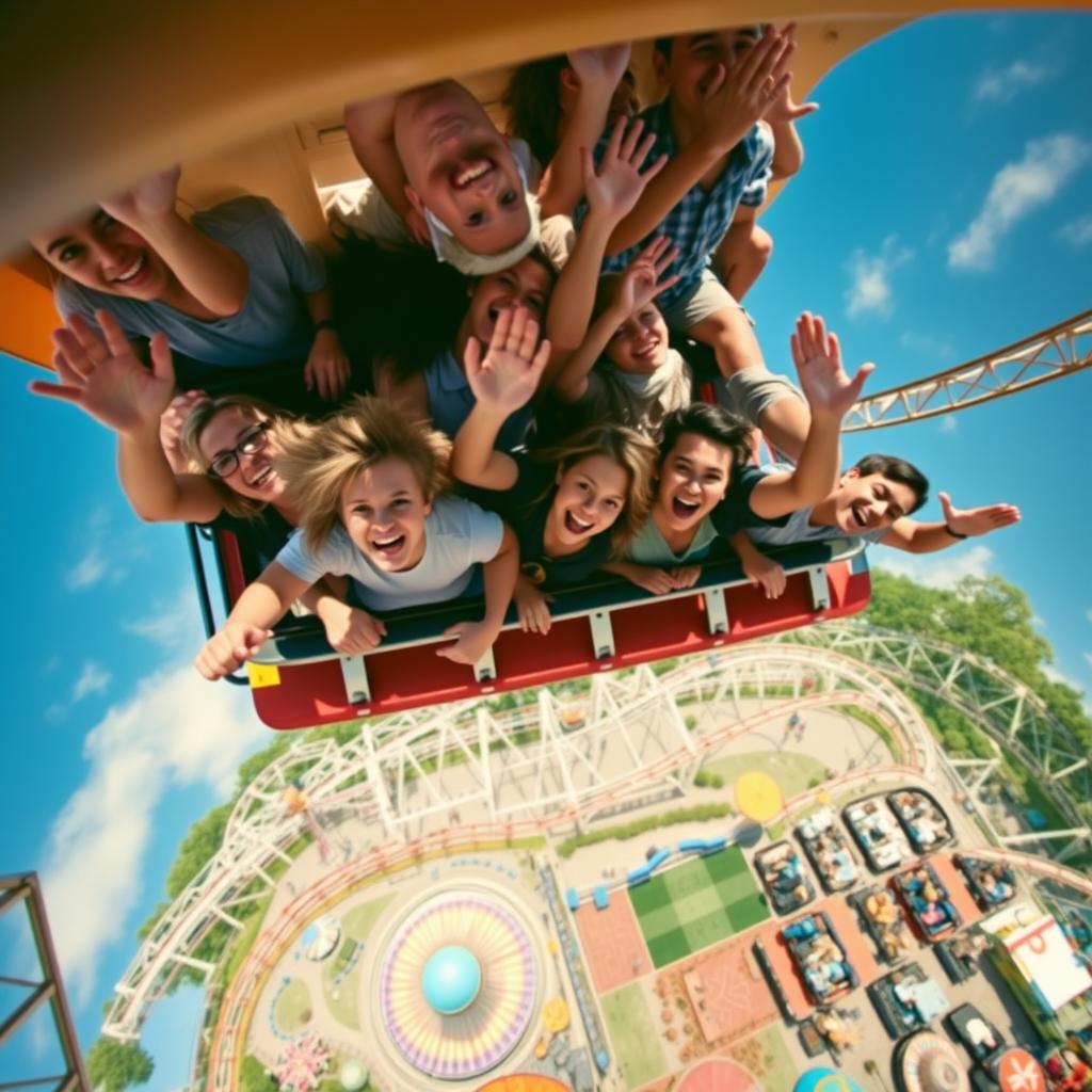 A dynamic scene featuring a rollercoaster packed with enthusiastic people