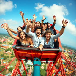 A dynamic scene featuring a rollercoaster packed with enthusiastic people