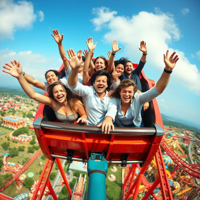 A dynamic scene featuring a rollercoaster packed with enthusiastic people