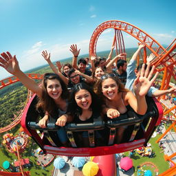 A dynamic scene featuring a rollercoaster packed with enthusiastic people