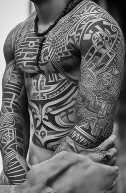 A high-quality, black-and-white digital art tattoo design inspired by Aztec culture