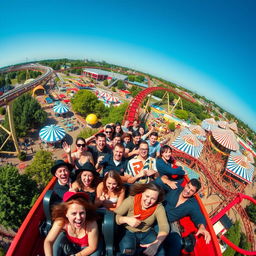 A thrilling rollercoaster ride captured from an aerial perspective at the peak of the ride