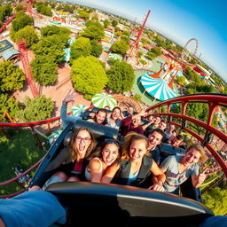 A thrilling rollercoaster ride captured from an aerial perspective at the peak of the ride