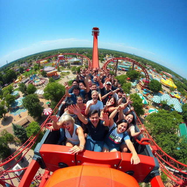 A thrilling rollercoaster ride captured from an aerial perspective at the peak of the ride