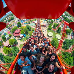 A thrilling rollercoaster ride captured from an aerial perspective at the peak of the ride