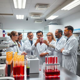 A group of doctors analyzing blood samples in a lab, illuminated by bright overhead lights, focused on centrifuges