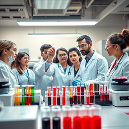 A group of doctors analyzing blood samples in a lab, illuminated by bright overhead lights, focused on centrifuges
