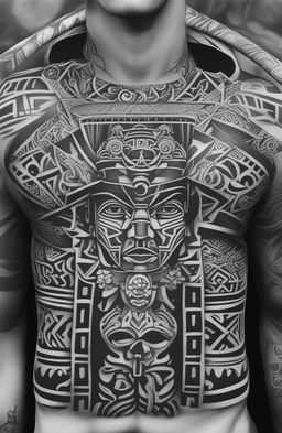 A high-quality, black-and-white digital art tattoo design inspired by Aztec culture
