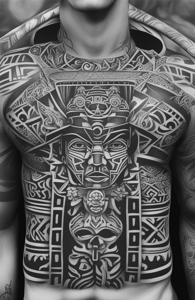 A high-quality, black-and-white digital art tattoo design inspired by Aztec culture