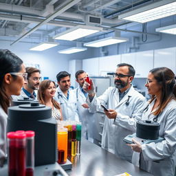 A group of doctors analyzing blood samples in a lab, illuminated by bright overhead lights, focused on centrifuges