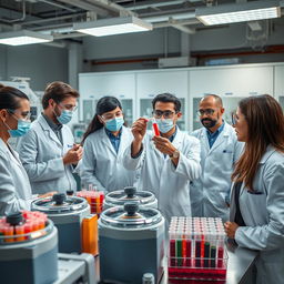 A group of doctors analyzing blood samples in a lab, illuminated by bright overhead lights, focused on centrifuges