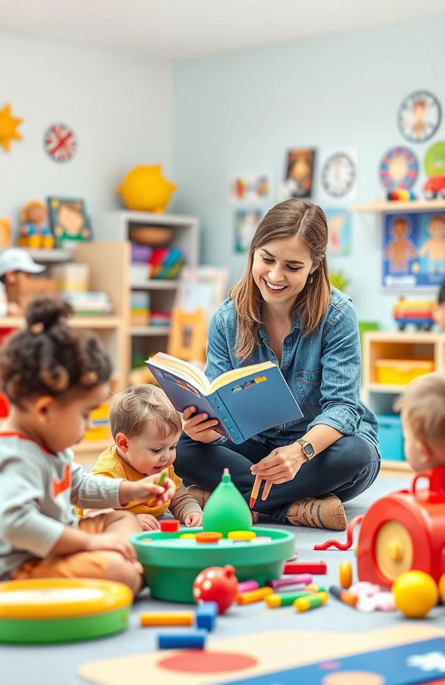 A visual representation of a dedicated and passionate early childhood educator engaging with children aged 0 to 3 years in a vibrant classroom setting