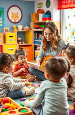 A visual representation of a dedicated and passionate early childhood educator engaging with children aged 0 to 3 years in a vibrant classroom setting