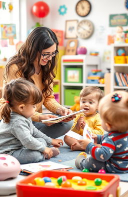 A visual representation of a dedicated and passionate early childhood educator engaging with children aged 0 to 3 years in a vibrant classroom setting