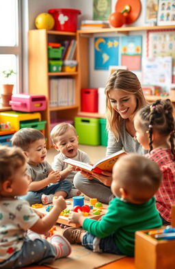 A visual representation of a dedicated and passionate early childhood educator engaging with children aged 0 to 3 years in a vibrant classroom setting