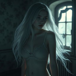 A hauntingly beautiful ghost girl wearing a delicate, ethereal bra