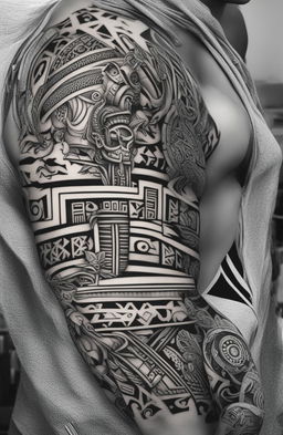 A high-quality, black-and-white digital art tattoo design inspired by Aztec culture