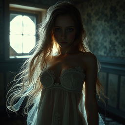 A hauntingly beautiful ghost girl wearing a delicate, ethereal bra