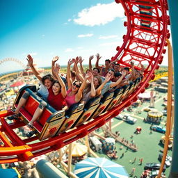 A dynamic shot of a rollercoaster at the peak of its thrilling curve, filled with excited people throwing their hands up in joy