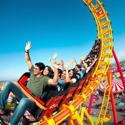 A dynamic shot of a rollercoaster at the peak of its thrilling curve, filled with excited people throwing their hands up in joy