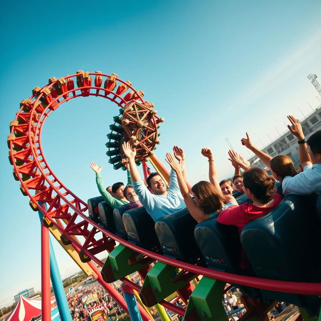 A dynamic shot of a rollercoaster at the peak of its thrilling curve, filled with excited people throwing their hands up in joy