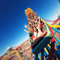 A dynamic shot of a rollercoaster at the peak of its thrilling curve, filled with excited people throwing their hands up in joy