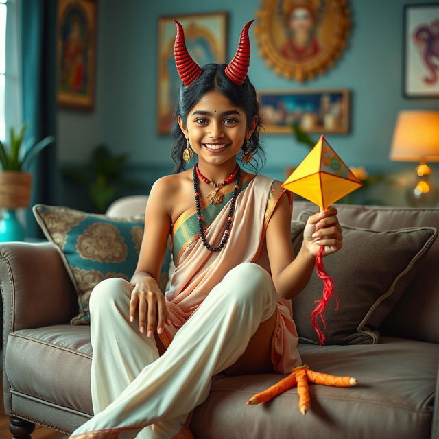 A beautiful Tamil girl with a striking human female body and unusual chicken legs, with devil horns adorning her head