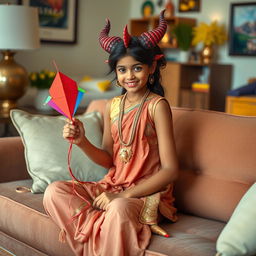 A beautiful Tamil girl with a striking human female body and unusual chicken legs, with devil horns adorning her head