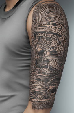 A high-quality, black-and-white digital art tattoo design inspired by Aztec culture