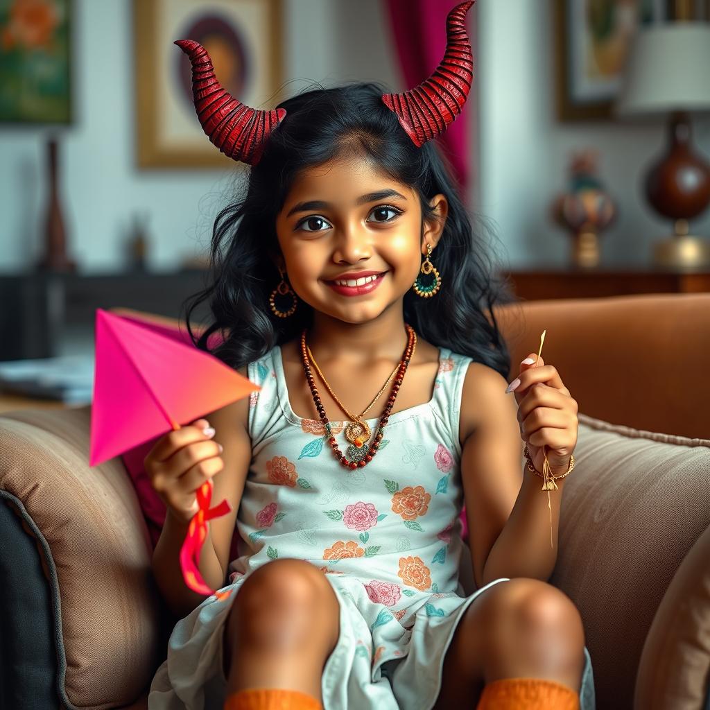 A beautiful Tamil girl with a striking human female body and unusual chicken legs, with devil horns adorning her head