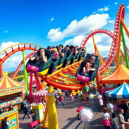 A thrilling roller coaster soaring through a vibrant amusement park, featuring colorful tracks twisting and turning against a bright blue sky