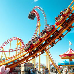A thrilling roller coaster soaring through a vibrant amusement park, featuring colorful tracks twisting and turning against a bright blue sky