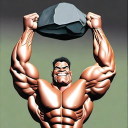 This is a digital art piece, showcasing a caricature of an impressively muscular man, handsome in appearance, lifting a gigantic rock above his head