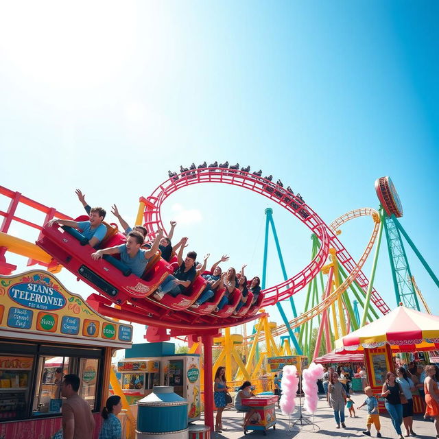 A thrilling roller coaster soaring through a vibrant amusement park, featuring colorful tracks twisting and turning against a bright blue sky