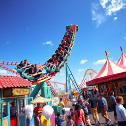 A thrilling roller coaster soaring through a vibrant amusement park, featuring colorful tracks twisting and turning against a bright blue sky