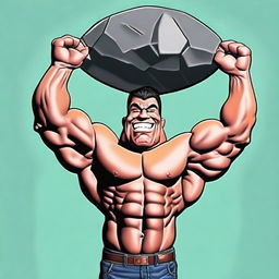 This is a digital art piece, showcasing a caricature of an impressively muscular man, handsome in appearance, lifting a gigantic rock above his head