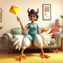 A beautiful 17-year-old Tamil girl with a striking human female body and oversized, humorous chicken legs, featuring devil horns on her head